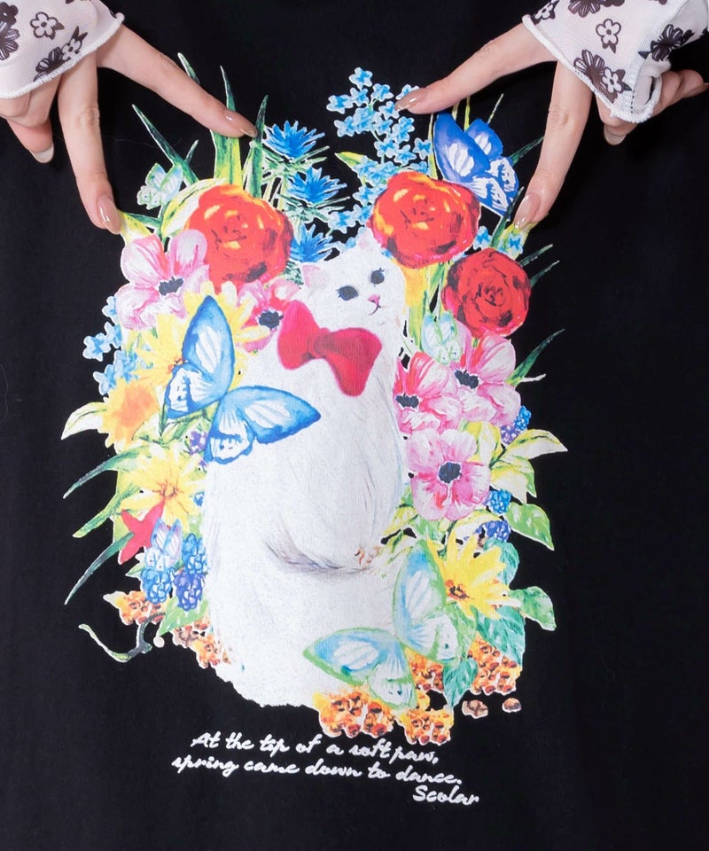 花ネコ柄チュール切替ロングスリーブTシャツ-9