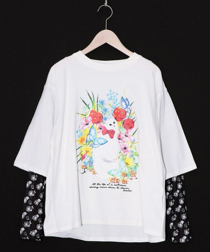 花ネコ柄チュール切替ロングスリーブTシャツ-10