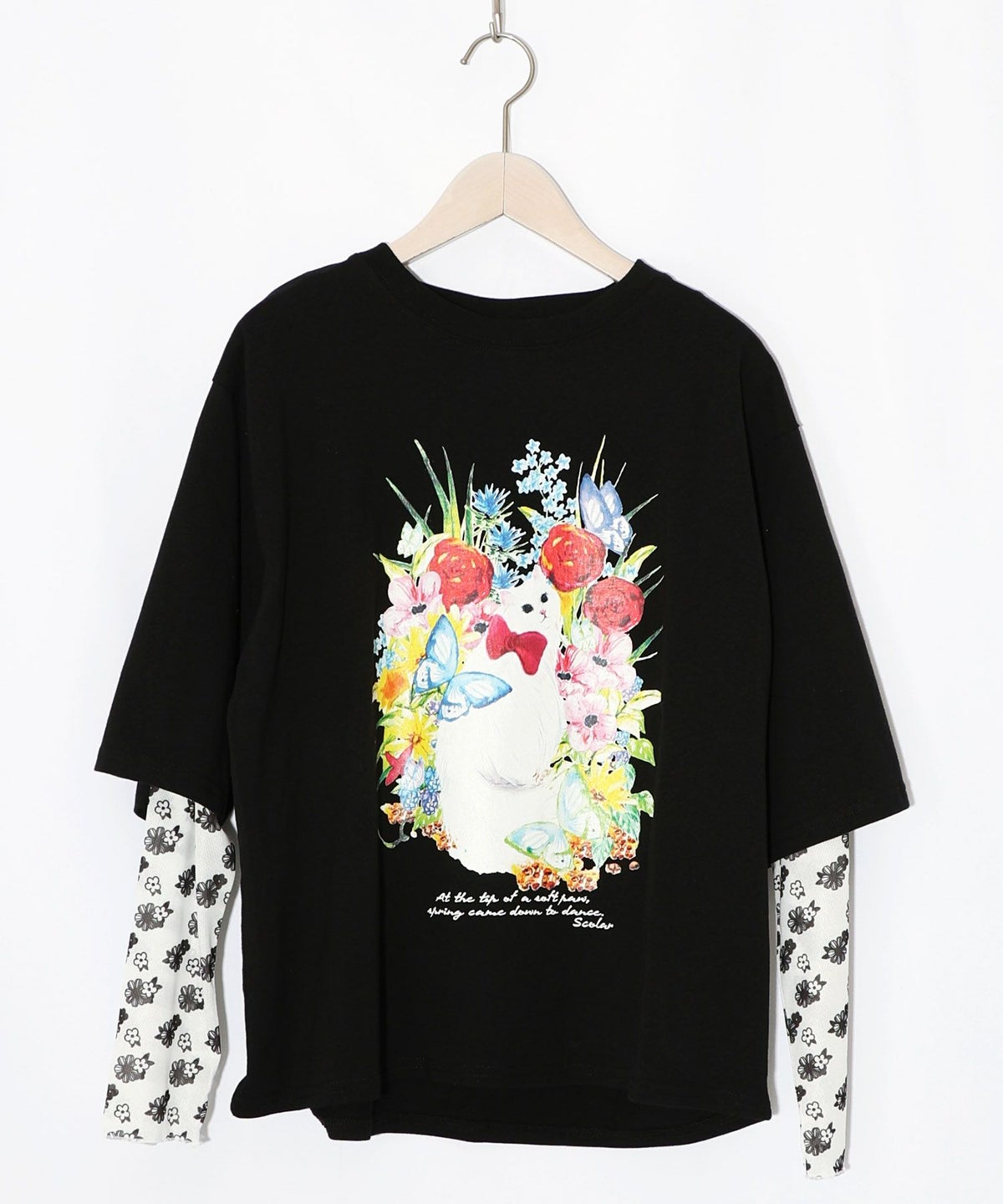 花ネコ柄チュール切替ロングスリーブTシャツ-12