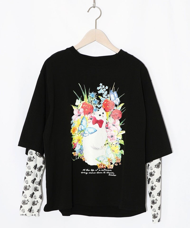 花ネコ柄チュール切替ロングスリーブTシャツ-12