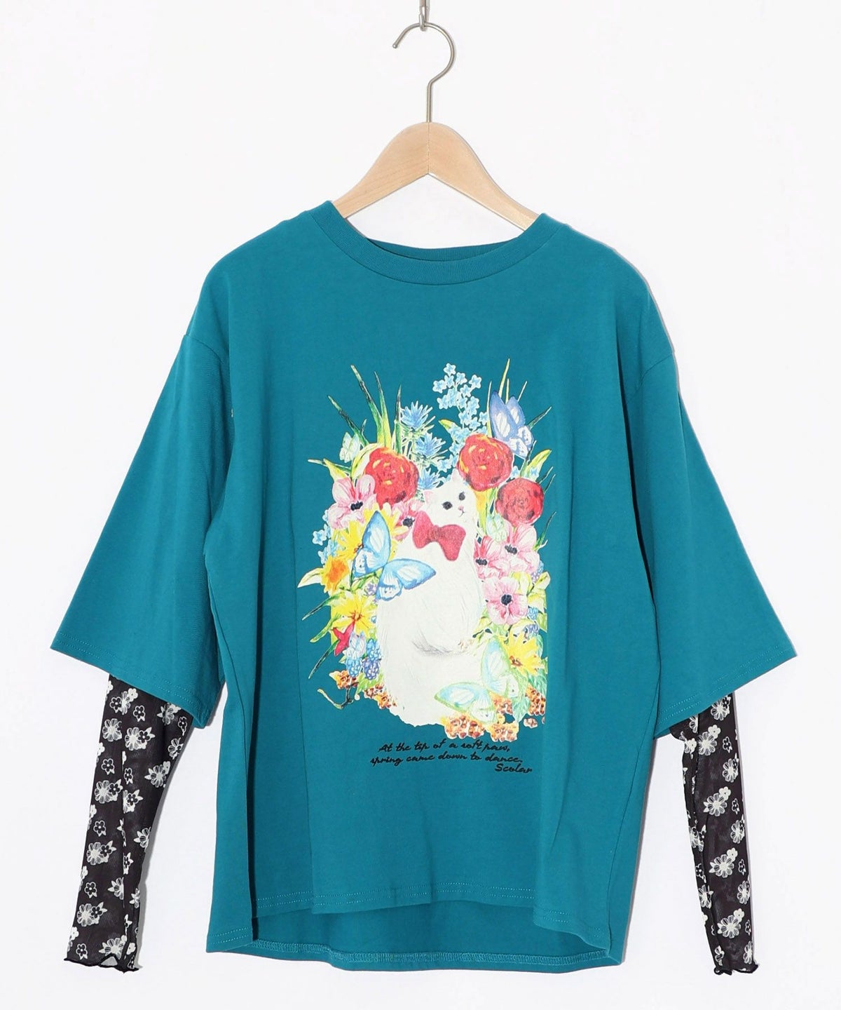 花ネコ柄チュール切替ロングスリーブTシャツ-14