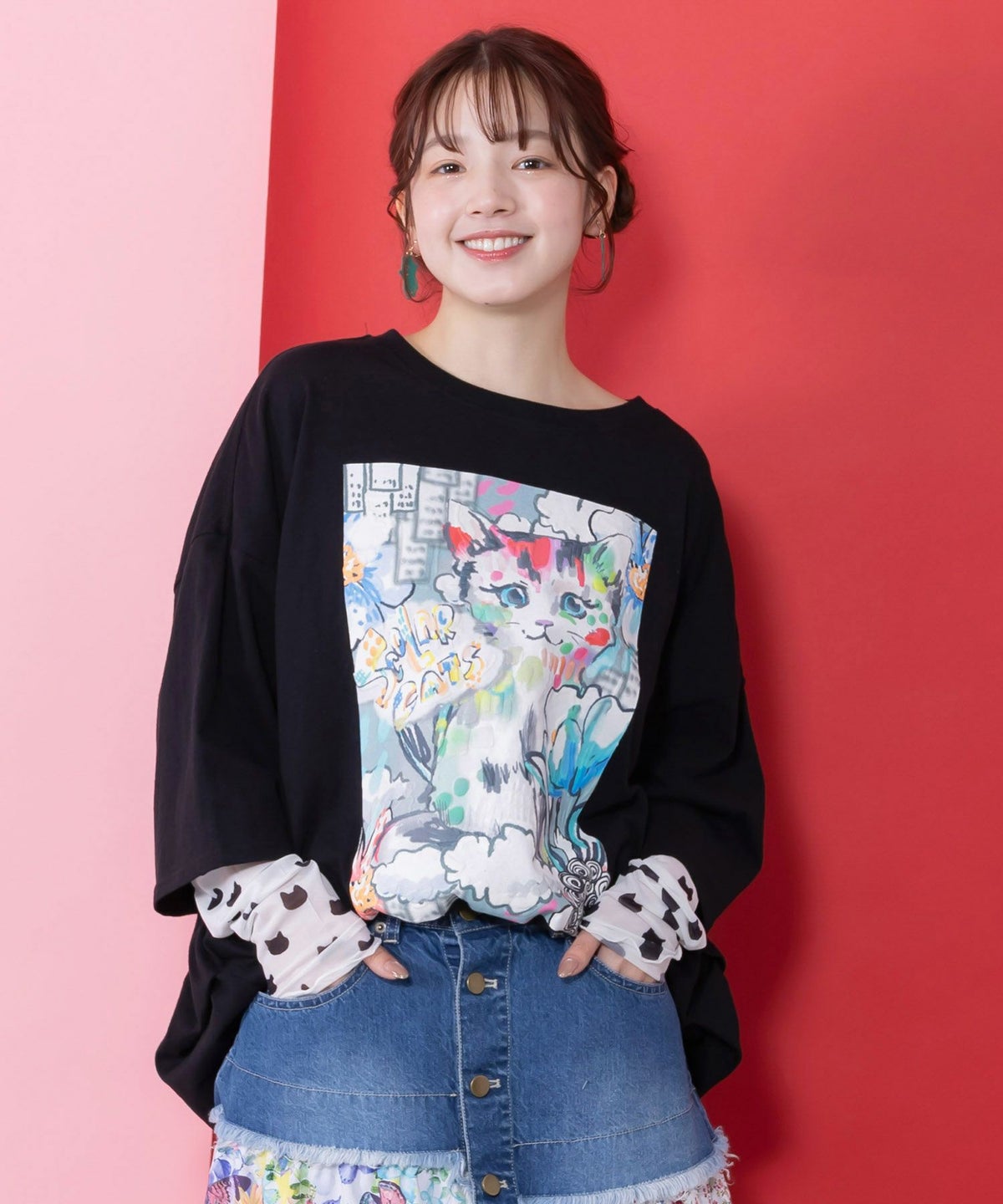 画家スカラーちゃんネコ柄チュール切替チュニック-1