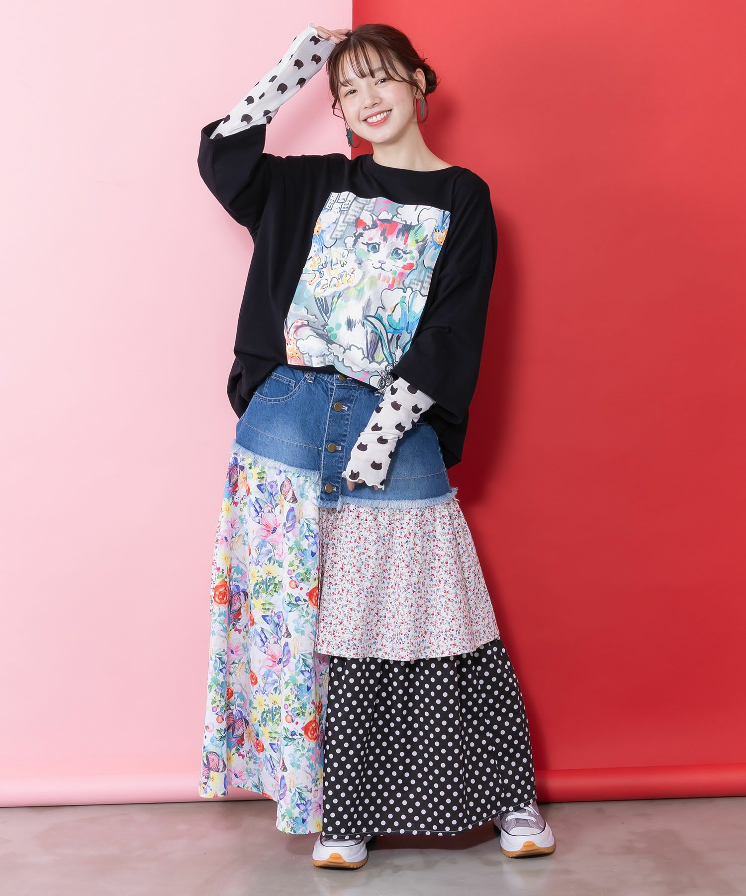 161634：画家スカラーちゃんネコ柄チュール切替チュニックの通販-ScoLar