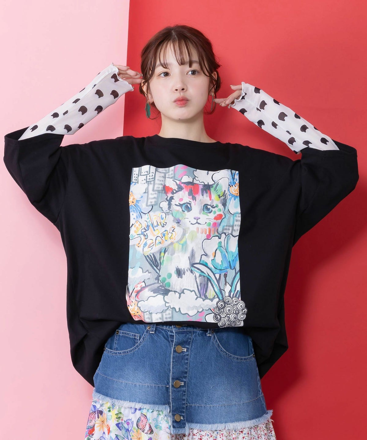 画家スカラーちゃんネコ柄チュール切替チュニック-3