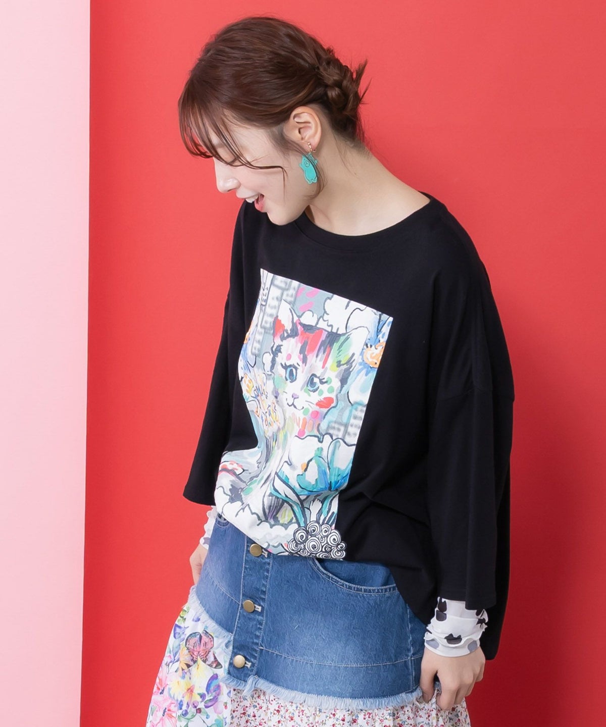 画家スカラーちゃんネコ柄チュール切替チュニック-4