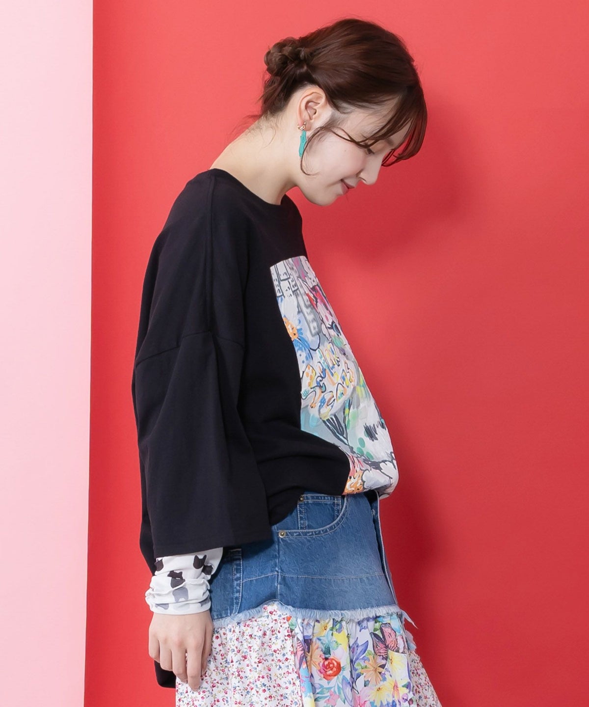 画家スカラーちゃんネコ柄チュール切替チュニック-6