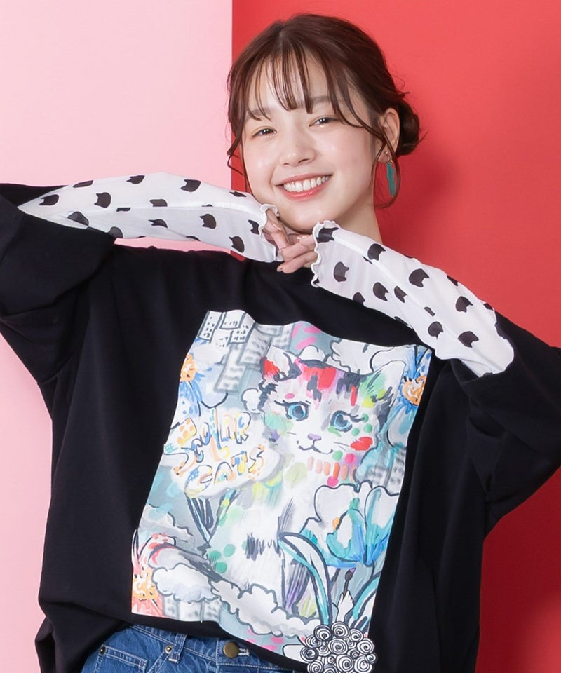 画家スカラーちゃんネコ柄チュール切替チュニック-7