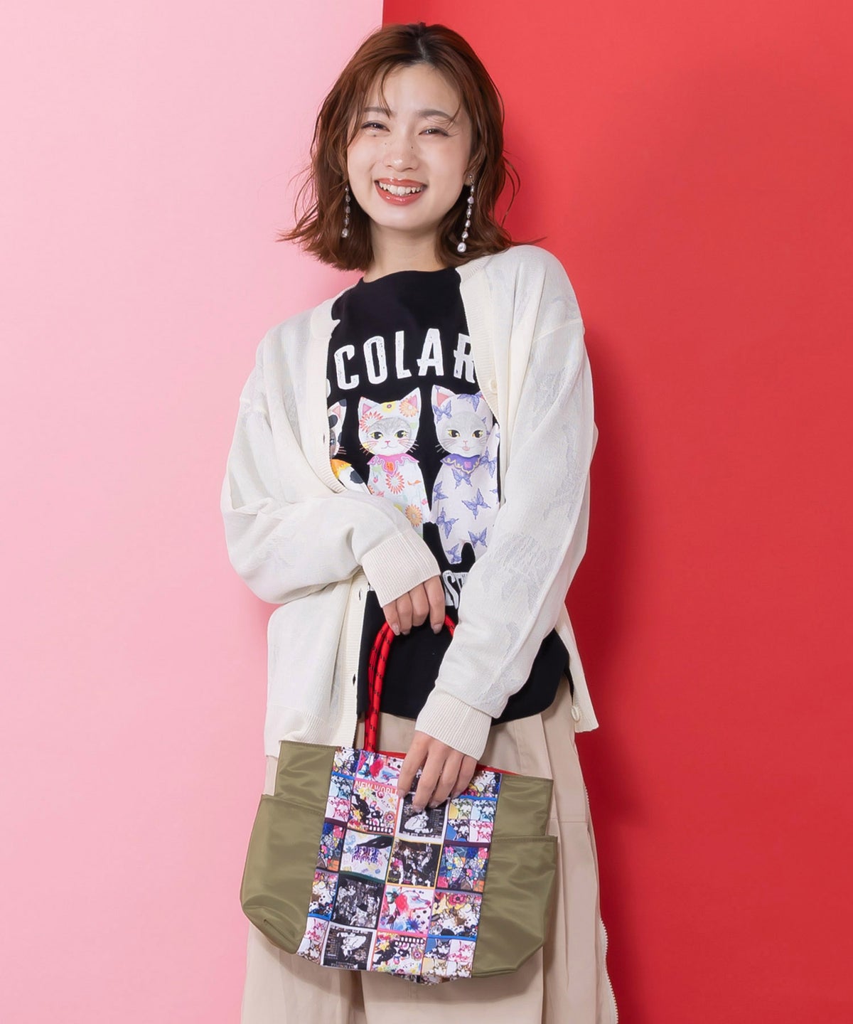 コラージュ総柄 パラコード配色トートバッグ-3