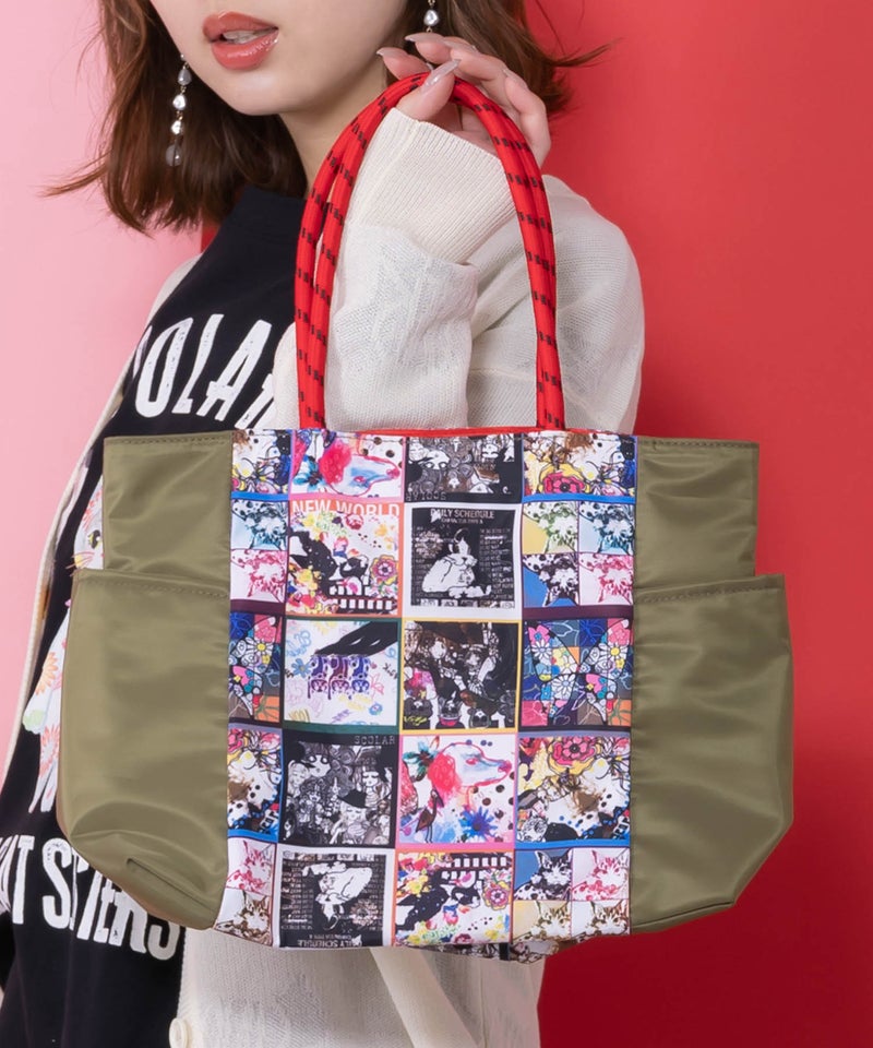 コラージュ総柄 パラコード配色トートバッグ-4