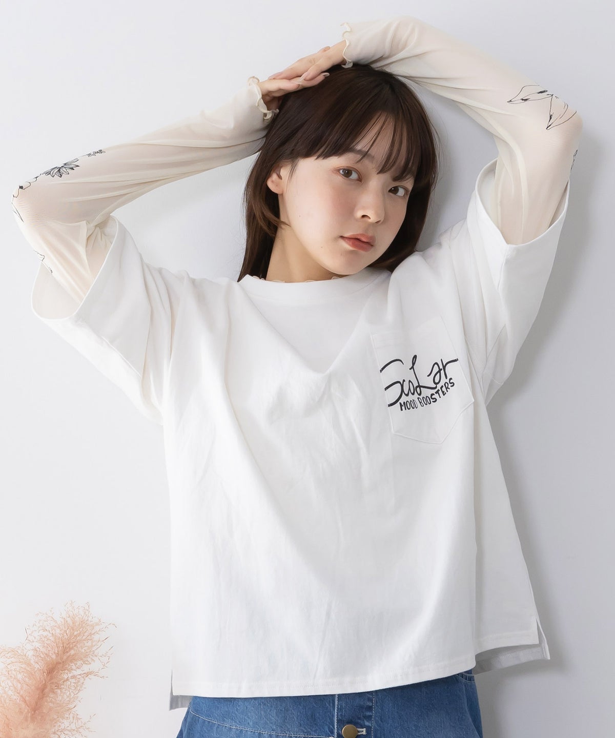 胸ポケット付き ストリート風バックプリントTシャツ-1
