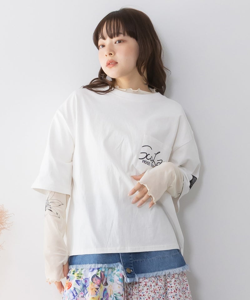 胸ポケット付き ストリート風バックプリントTシャツ-4