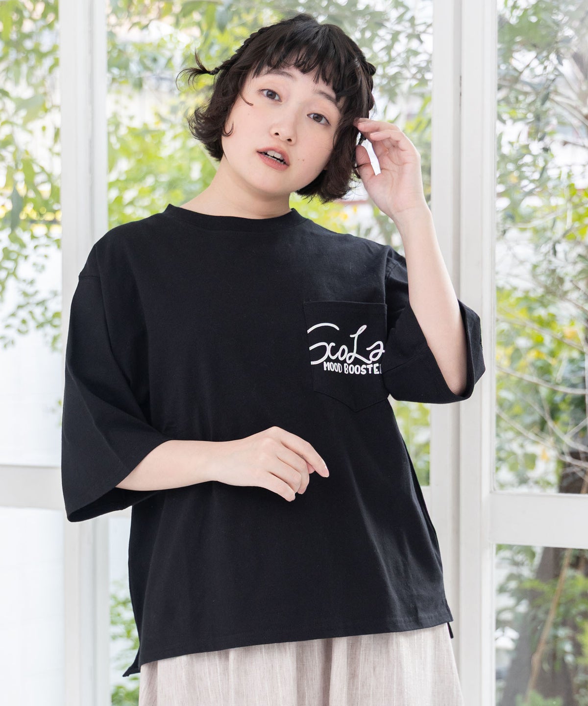 胸ポケット付き ストリート風バックプリントTシャツ-13