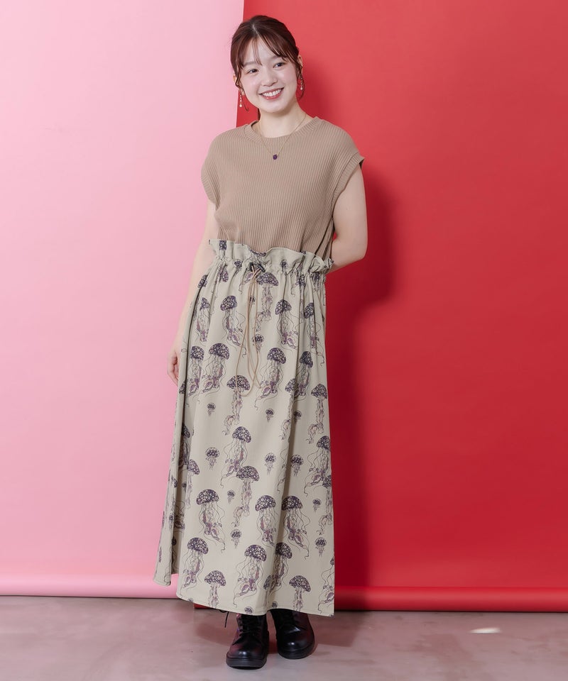 ネコorクラゲ柄×テレコ素材 ノースリーブワンピース-1