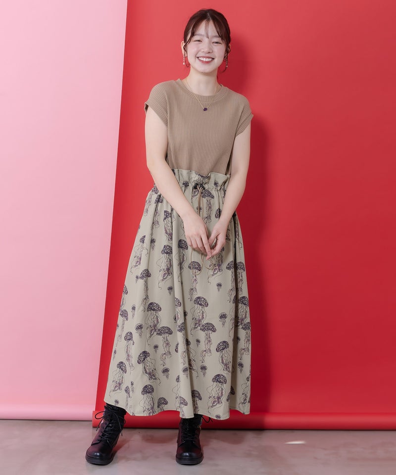 ネコorクラゲ柄×テレコ素材 ノースリーブワンピース-2