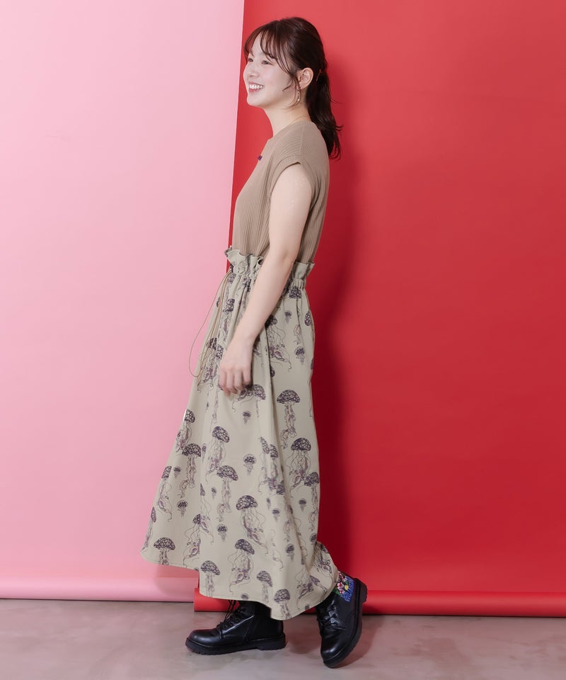 ネコorクラゲ柄×テレコ素材 ノースリーブワンピース-3