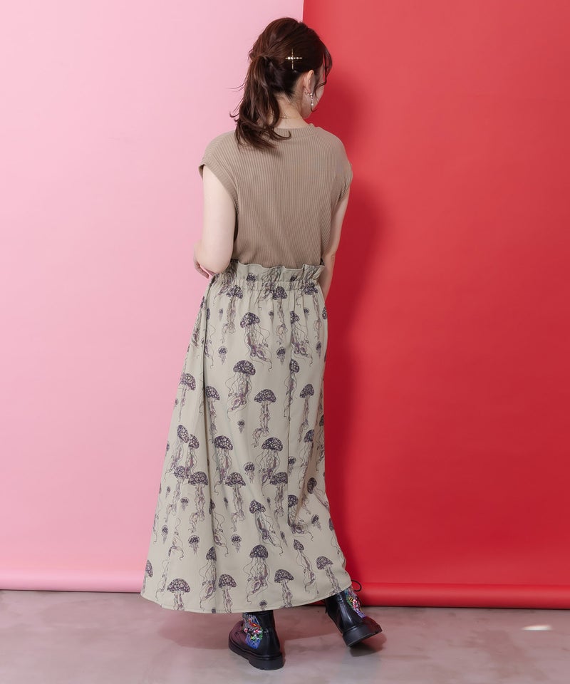 ネコorクラゲ柄×テレコ素材 ノースリーブワンピース-4