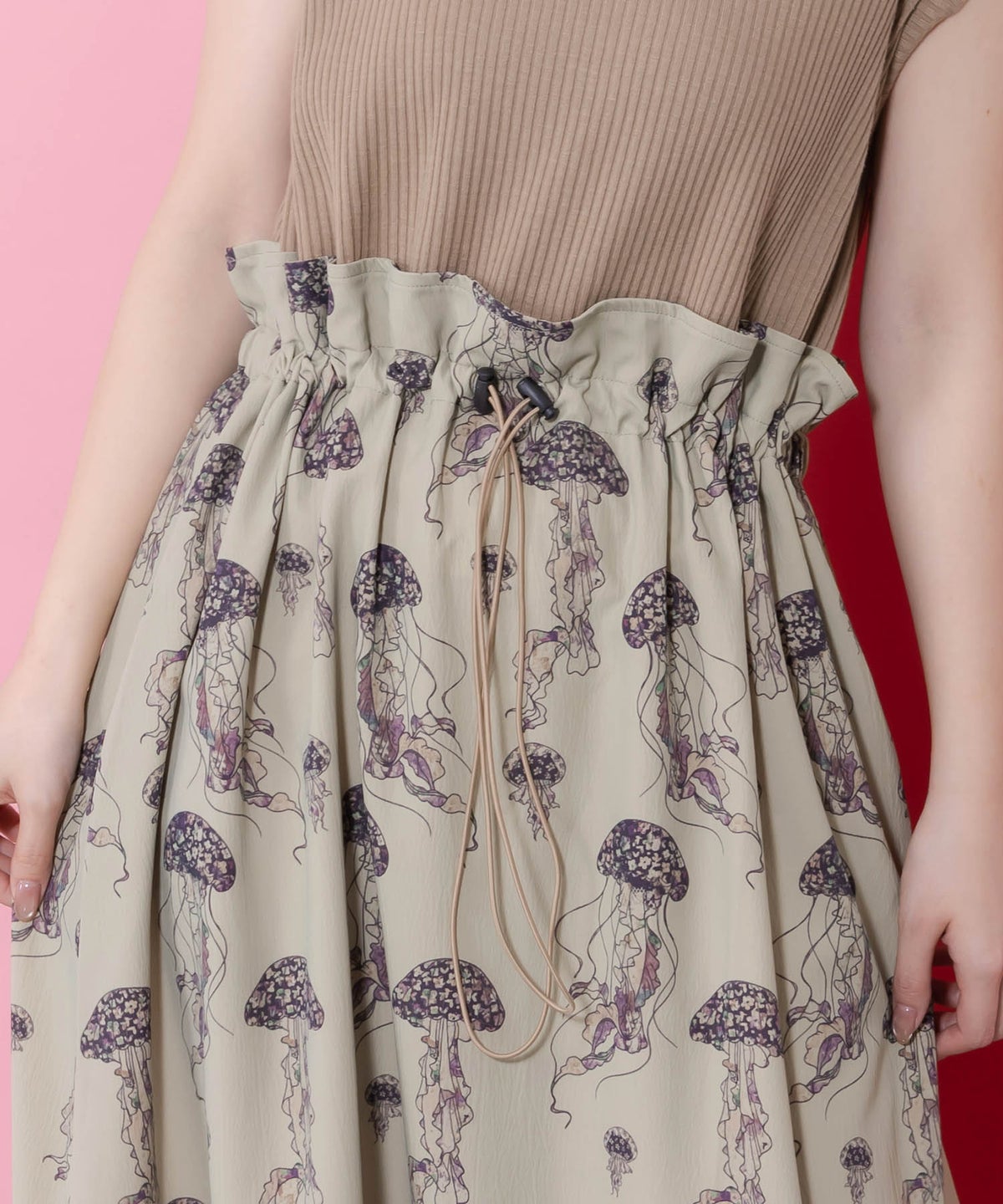 ネコorクラゲ柄×テレコ素材 ノースリーブワンピース-6