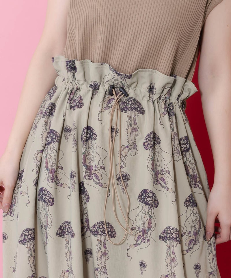 ネコorクラゲ柄×テレコ素材 ノースリーブワンピース-6