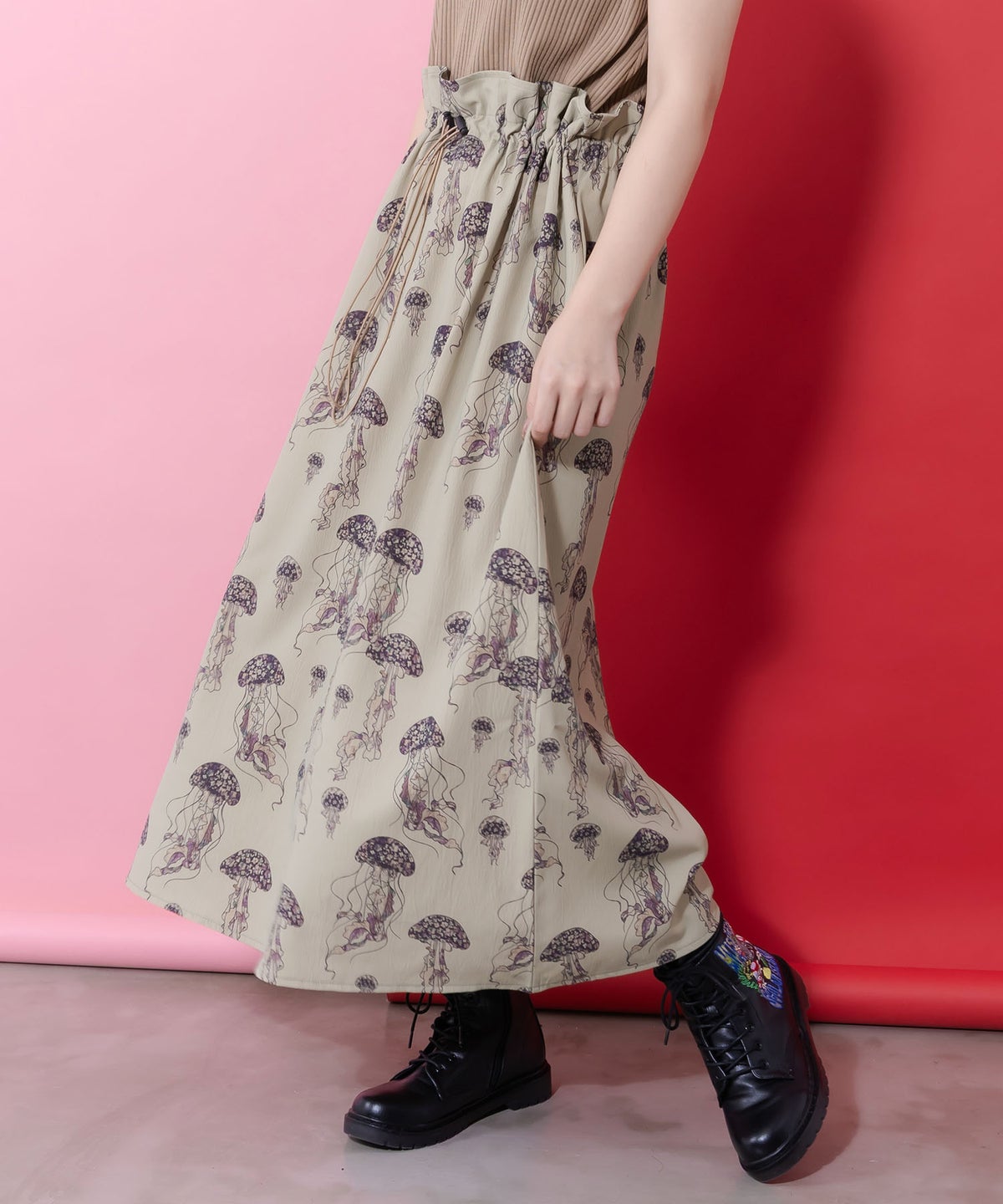 ネコorクラゲ柄×テレコ素材 ノースリーブワンピース-7