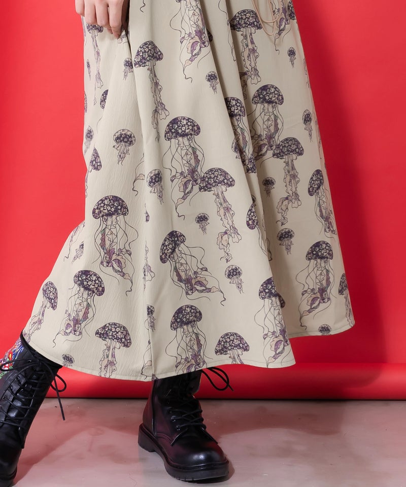 ネコorクラゲ柄×テレコ素材 ノースリーブワンピース-8