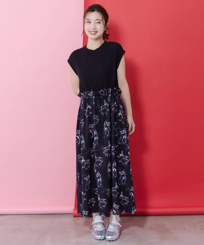 ネコorクラゲ柄×テレコ素材 ノースリーブワンピース-10