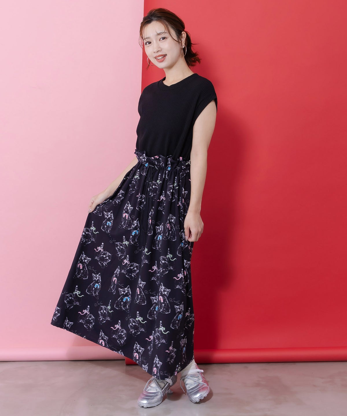 ネコorクラゲ柄×テレコ素材 ノースリーブワンピース-11