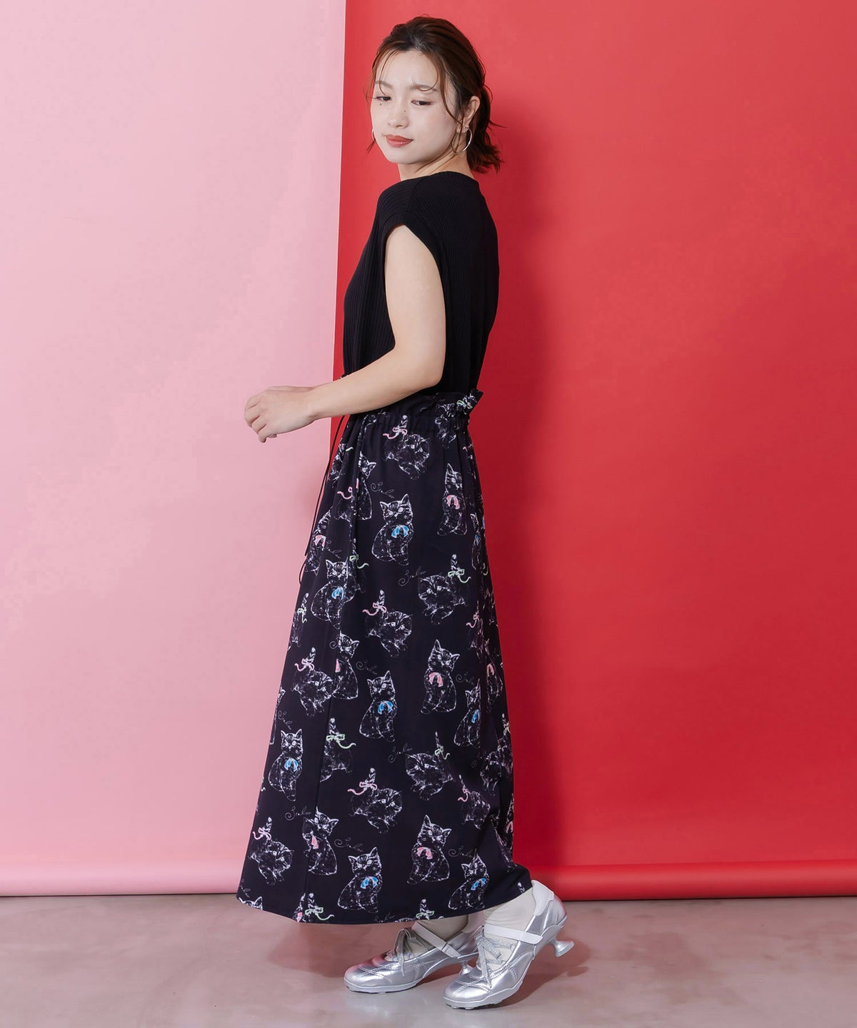 ネコorクラゲ柄×テレコ素材 ノースリーブワンピース-12