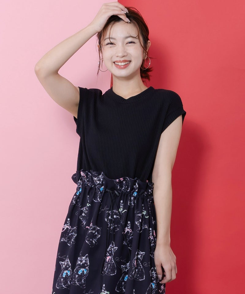 ネコorクラゲ柄×テレコ素材 ノースリーブワンピース-14