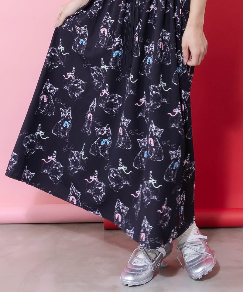ネコorクラゲ柄×テレコ素材 ノースリーブワンピース-15