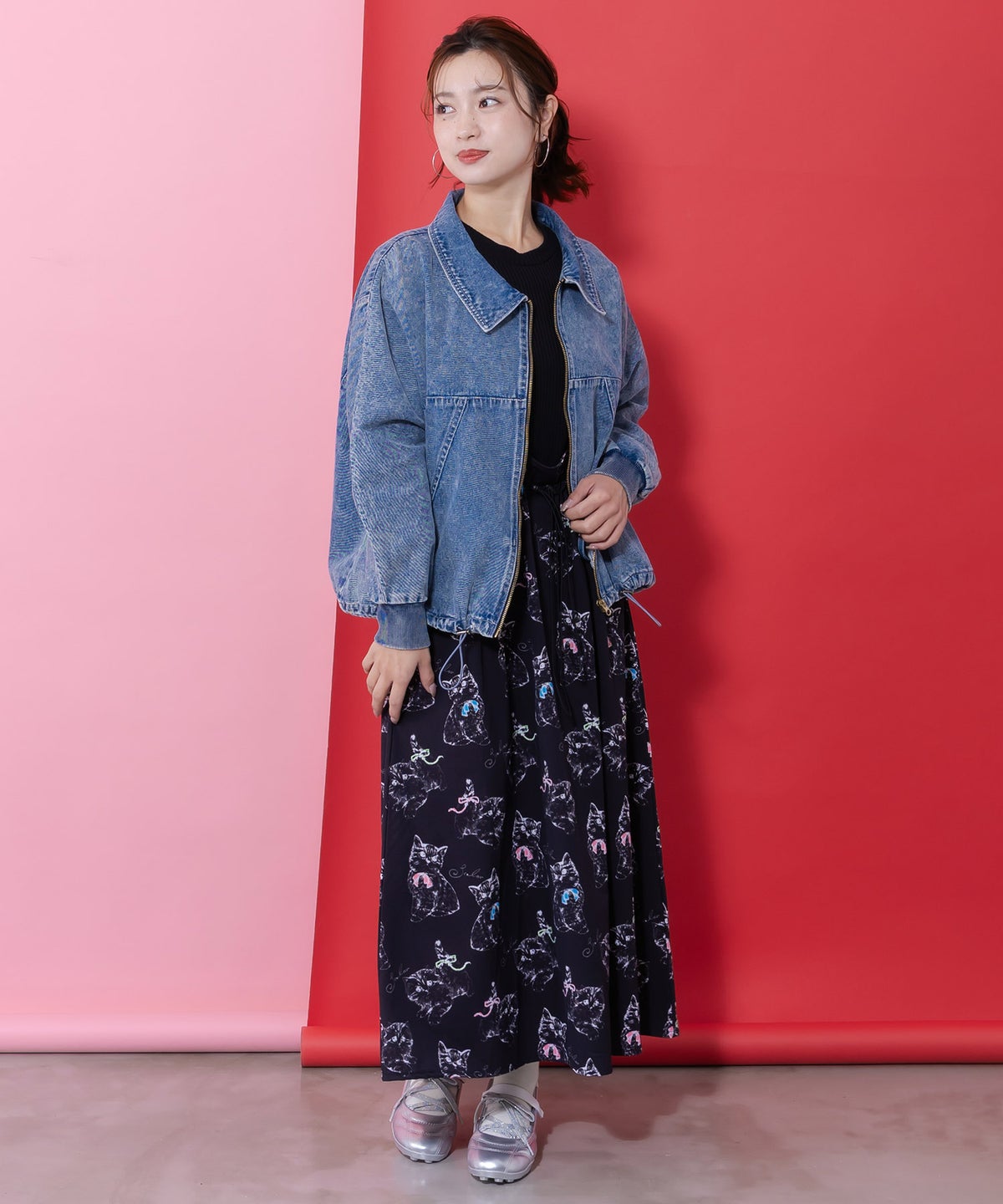 ネコorクラゲ柄×テレコ素材 ノースリーブワンピース-16