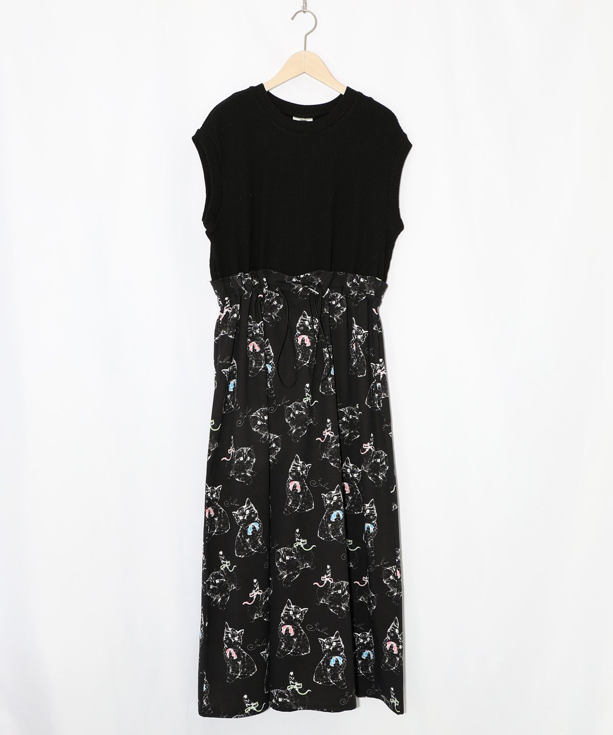 ネコorクラゲ柄×テレコ素材 ノースリーブワンピース-17