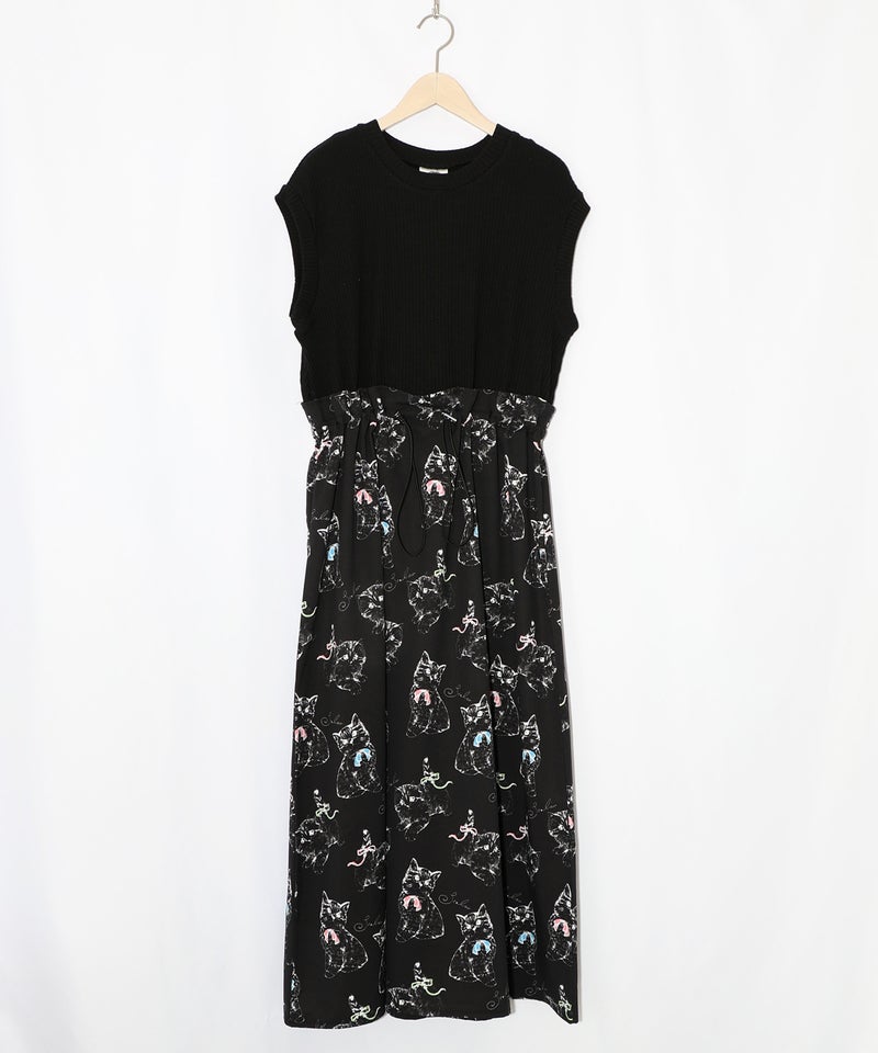 ネコorクラゲ柄×テレコ素材 ノースリーブワンピース-17