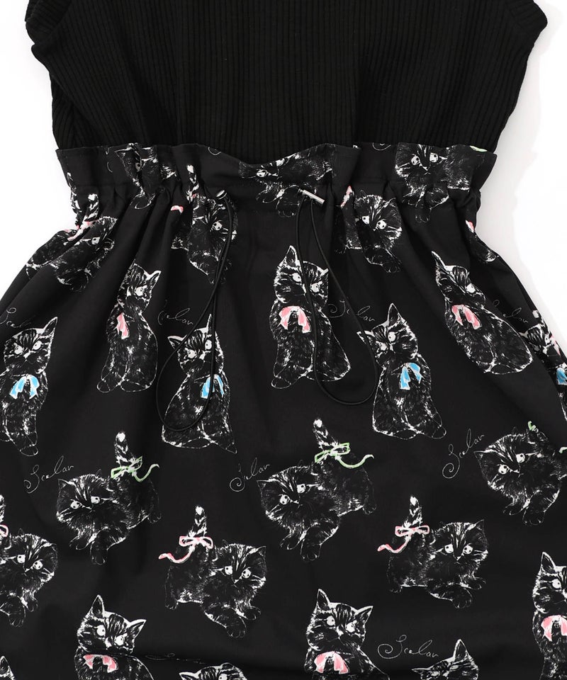 ネコorクラゲ柄×テレコ素材 ノースリーブワンピース-23