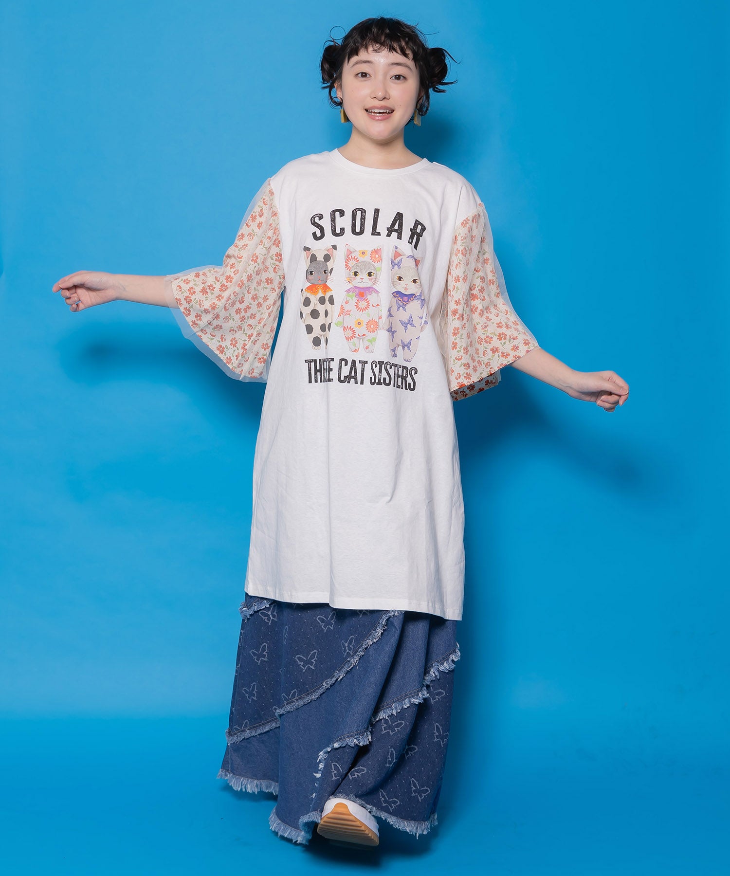 161628：おしゃれネコシスターズ チュール重ね袖ワンピースの通販-ScoLar