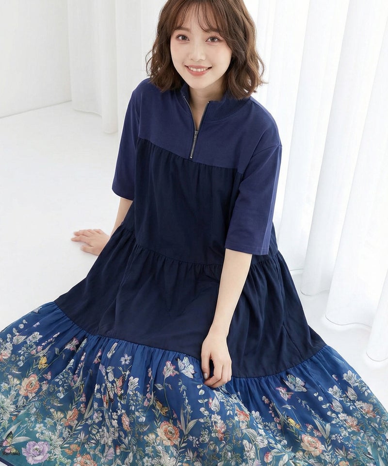 ジャージ風グラデーション裾花チュールフレアワンピース-1