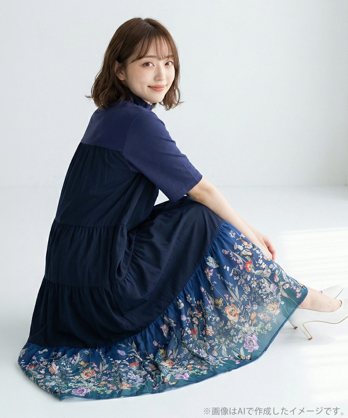 ジャージ風グラデーション裾花チュールフレアワンピース-2