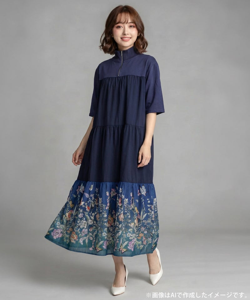 ジャージ風グラデーション裾花チュールフレアワンピース-3