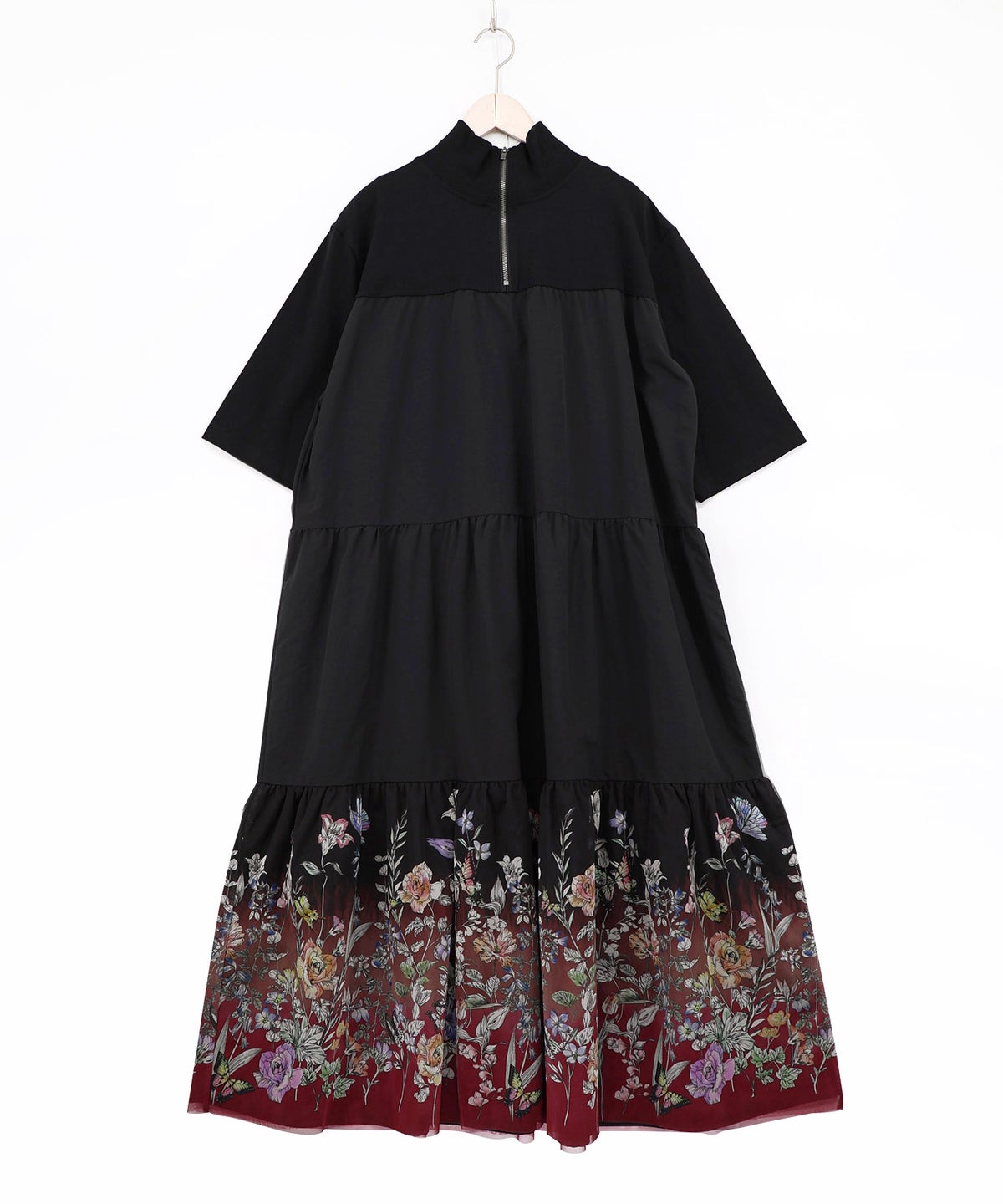 ジャージ風グラデーション裾花チュールフレアワンピース-4