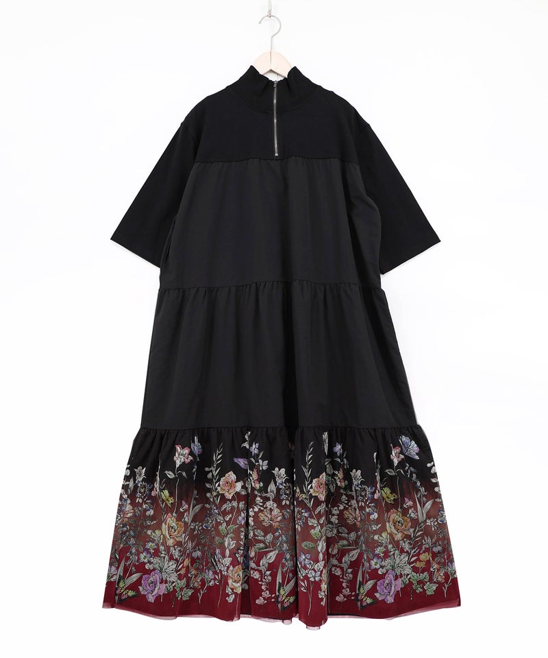 ジャージ風グラデーション裾花チュールフレアワンピース-4