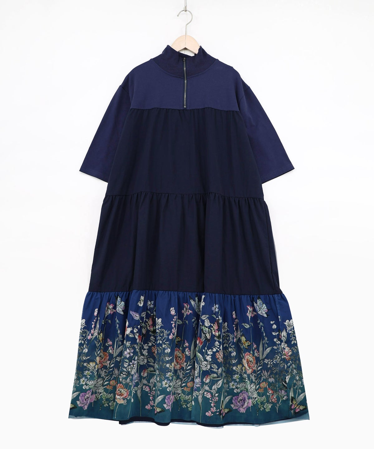 ジャージ風グラデーション裾花チュールフレアワンピース-6