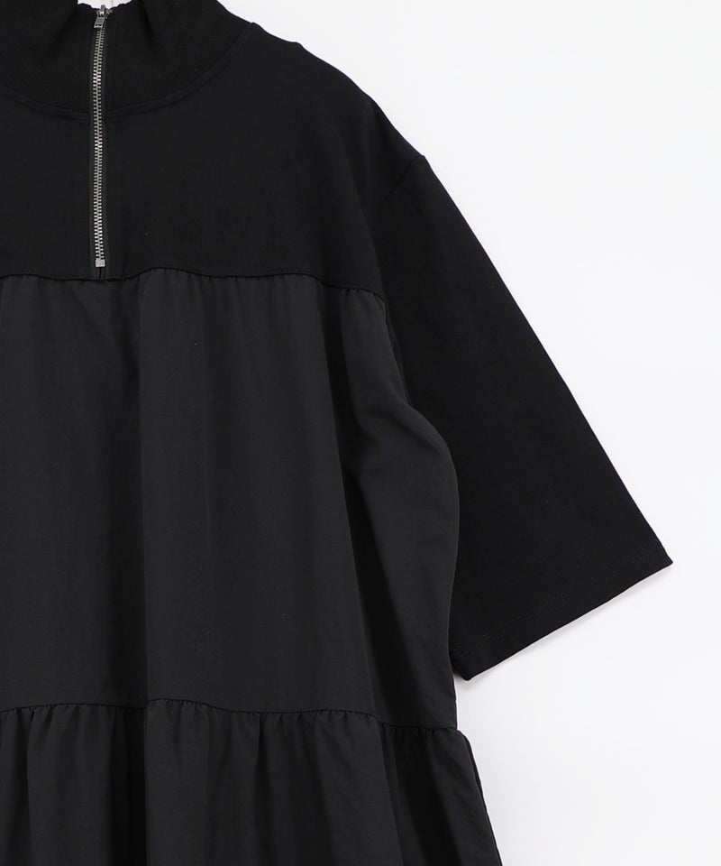 ジャージ風グラデーション裾花チュールフレアワンピース-9