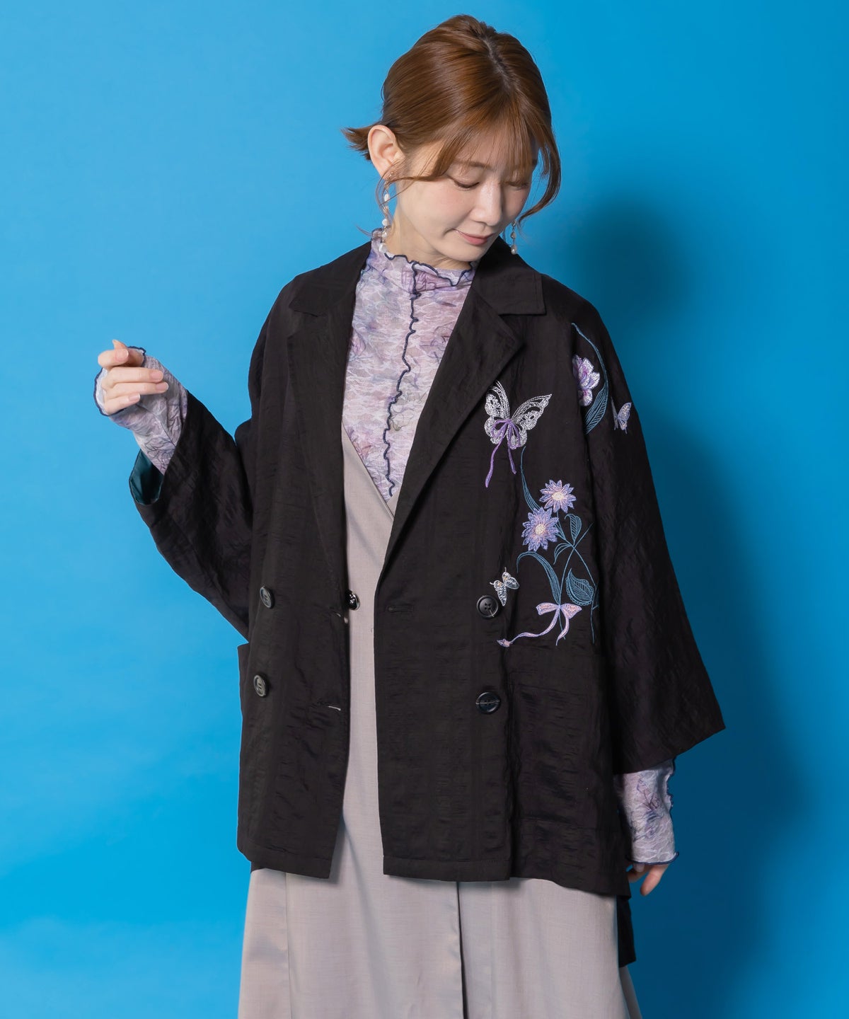 シアージャガード花蝶刺繍配色ジャケット-5