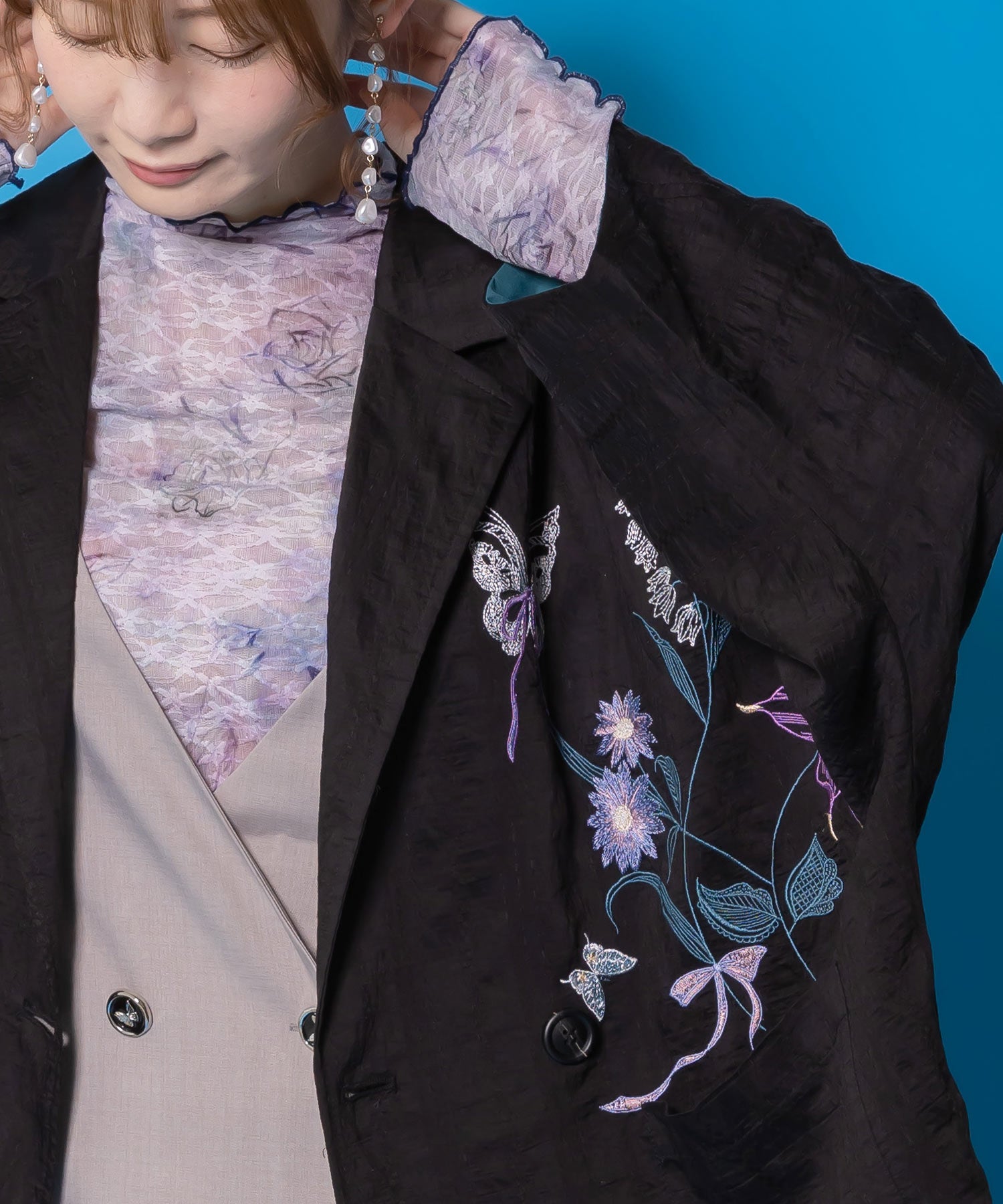 561232：シアージャガード花蝶刺繍配色ジャケットの通販-ScoLar