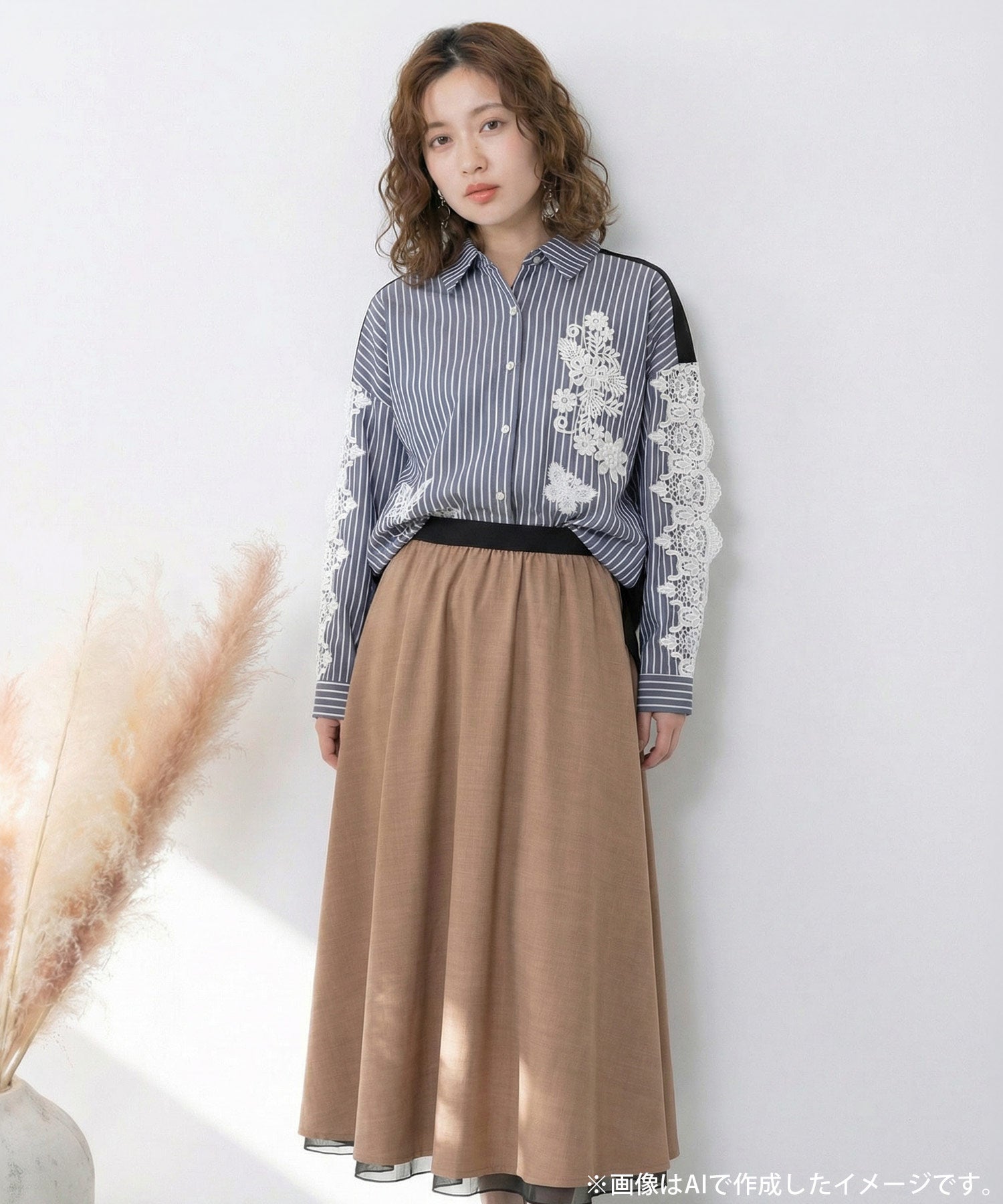 561228：花蝶刺繍レース×ストライプ柄配色シャツの通販-ScoLar
