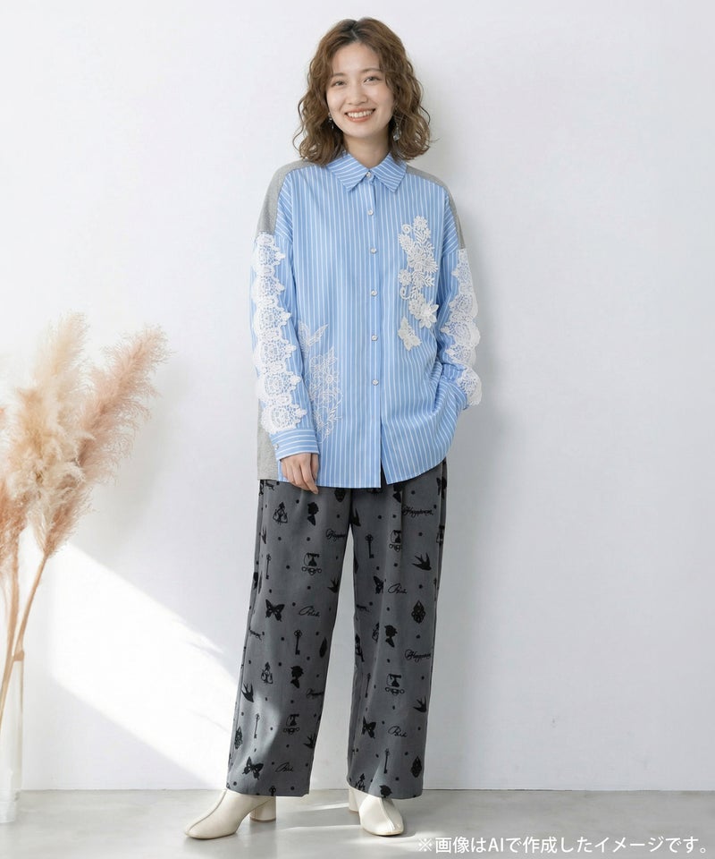 花蝶刺繍レース×ストライプ柄配色シャツ-3