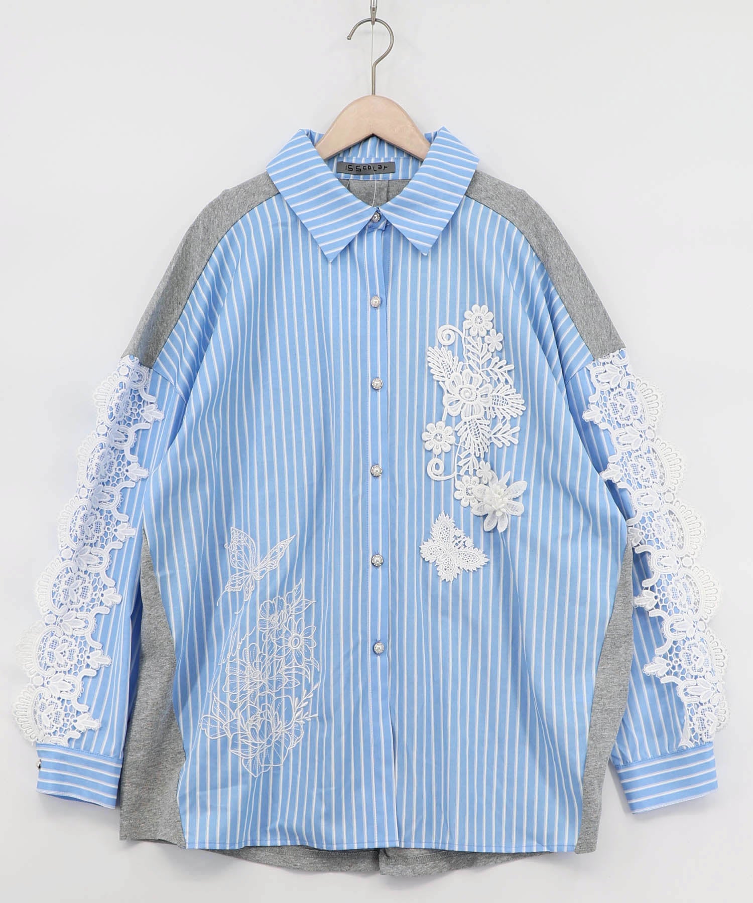 561228：花蝶刺繍レース×ストライプ柄配色シャツの通販-ScoLar