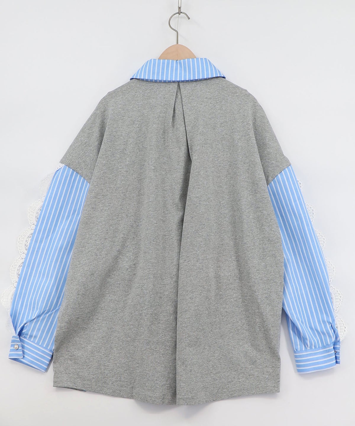 花蝶刺繍レース×ストライプ柄配色シャツ-5