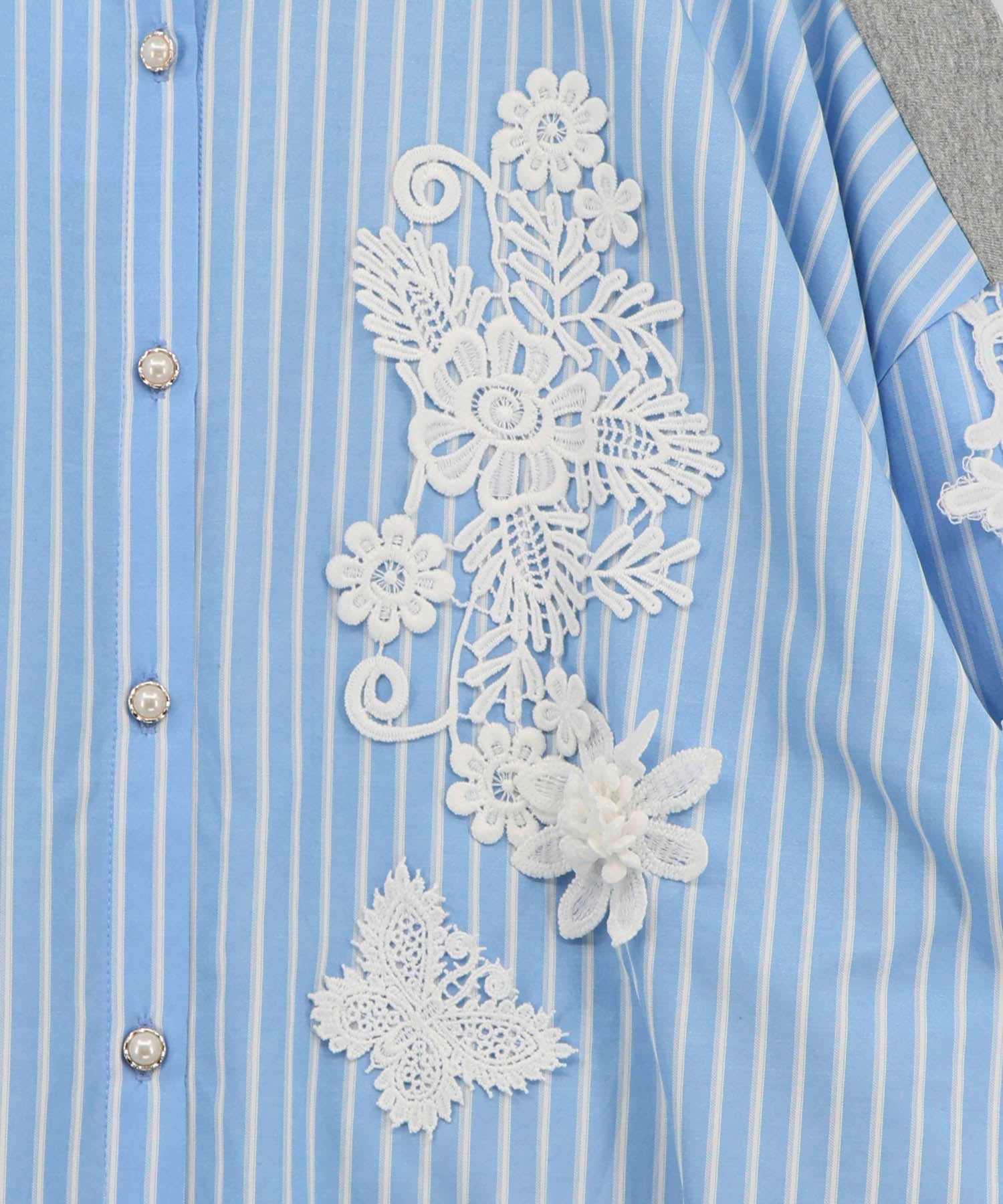 561228：花蝶刺繍レース×ストライプ柄配色シャツの通販-ScoLar