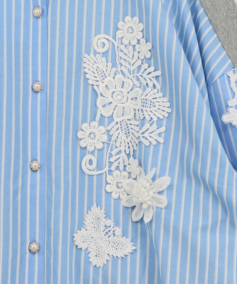 花蝶刺繍レース×ストライプ柄配色シャツ-6