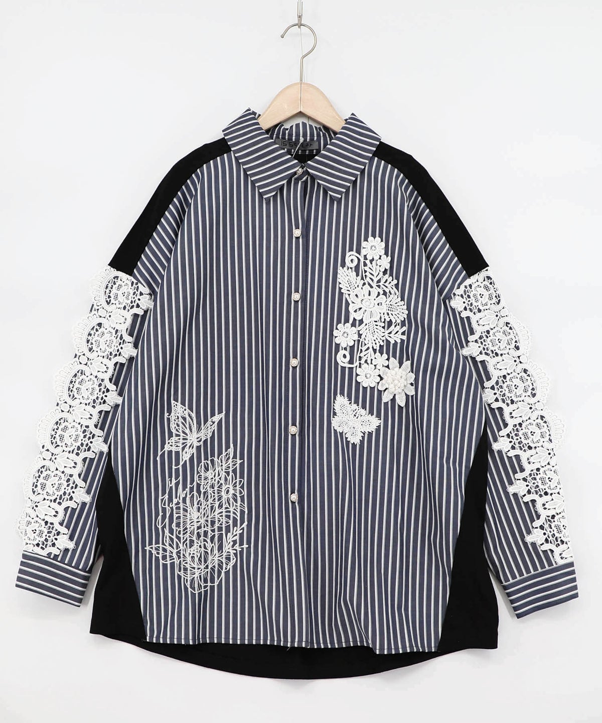 花蝶刺繍レース×ストライプ柄配色シャツ-7